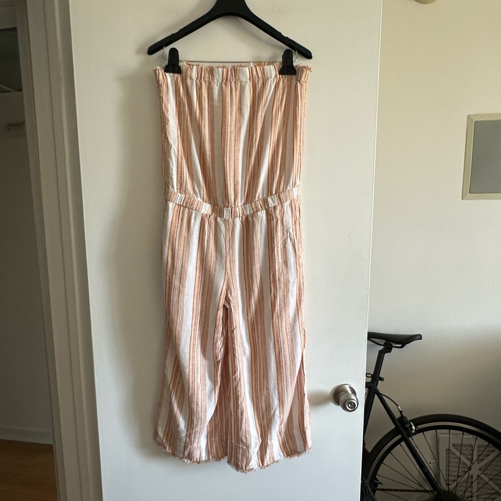 Anthropologie Cloth & Stone Orange/White Striped Frayed Hem Strapless Jumpsuit - Picture 2 of 7